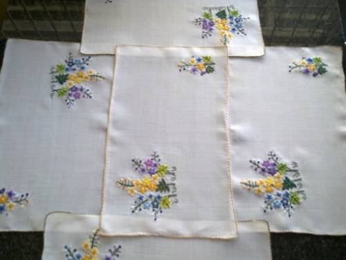 Elegant vintage fine linen hand embroidered placemats x 5
