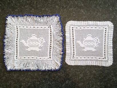 Elegant filet crochet glass beaded doilie and matching doilie