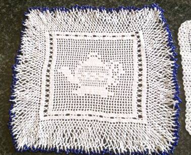 Elegant filet crochet glass beaded doilie and matching doilie