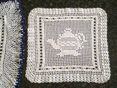 Elegant filet crochet glass beaded doilie and matching doilie