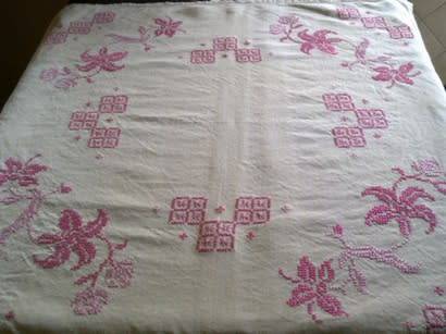 Pretty linen hand embroidered tablecloth / centre piece