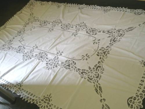 Large antique white linen and tape lace tablecloth - 2.5m