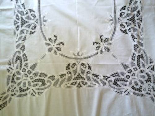 Large antique white linen and tape lace tablecloth - 2.5m