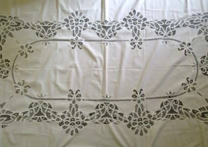 Large antique white linen and tape lace tablecloth - 2.5m