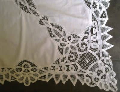 Large antique white linen and tape lace tablecloth - 2.5m