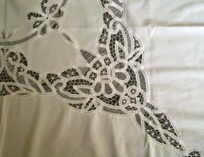 Large antique white linen and tape lace tablecloth - 2.5m