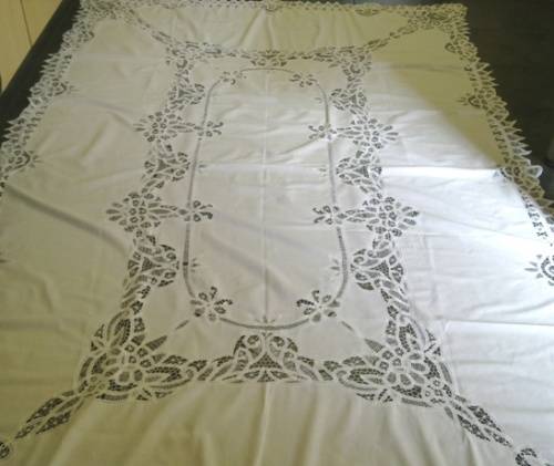 Large antique white linen and tape lace tablecloth - 2.5m
