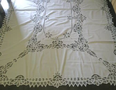 Large antique white linen and tape lace tablecloth - 2.5m