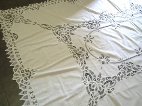 Large antique white linen and tape lace tablecloth - 2.5m