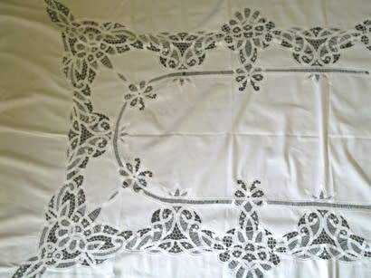 Large antique white linen and tape lace tablecloth - 2.5m