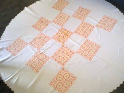 Vintage round cross stitch cotton/linen tablecloth 1.7m