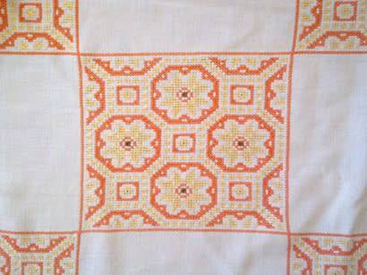 Vintage round cross stitch cotton/linen tablecloth 1.7m