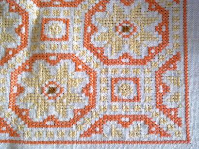 Vintage round cross stitch cotton/linen tablecloth 1.7m