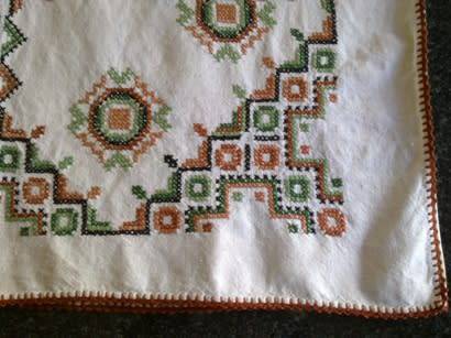 Lovely heavy vintage linen tablecloth with cross stitch work