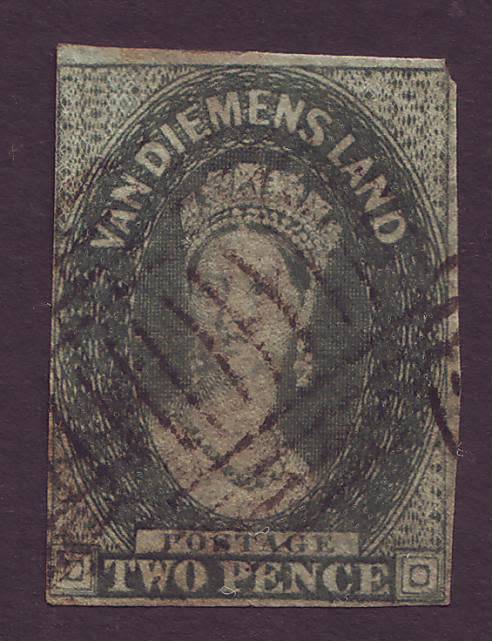 TASMANIA - 1857  2d Deep green Wmk numerals  IMPERFORATED  VF USED