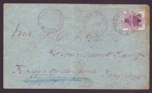 BOER WAR  - 1901 OFS   Censored cover to Green Point concentration Camp from HOOPSTAD