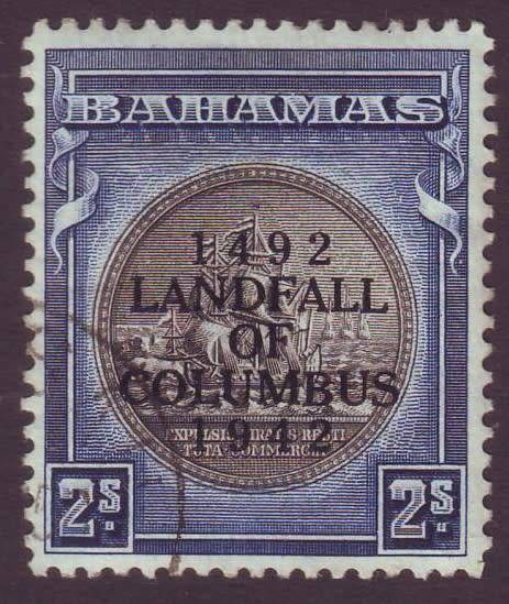 BAHAMAS - 1942 COLUMBUS overprint 2s Blue and Black VF USED