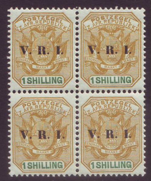 TRANSVAAL - 1900  1s ochre and green overprinted VRI, block of four **UM**