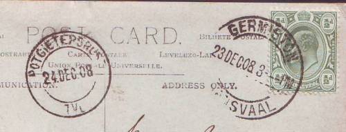 TRANSVAAL - GERMISTON & POTGIETERSRUST postmarks on KEVII 1/2d.Excellent  strikes on postcard