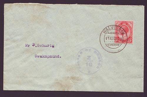 SWA - South Africa occupation - 1919 KGV 1d   used on censored cover