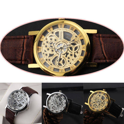 Transparent Mechanical Skeleton Wrist Watch Silver with Brown Leather Strap