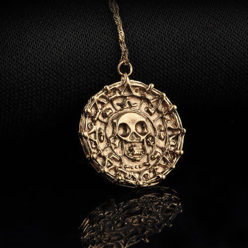 Vintage Pirate Of The Caribbean Gold Coin Medal Necklace & Pendant
