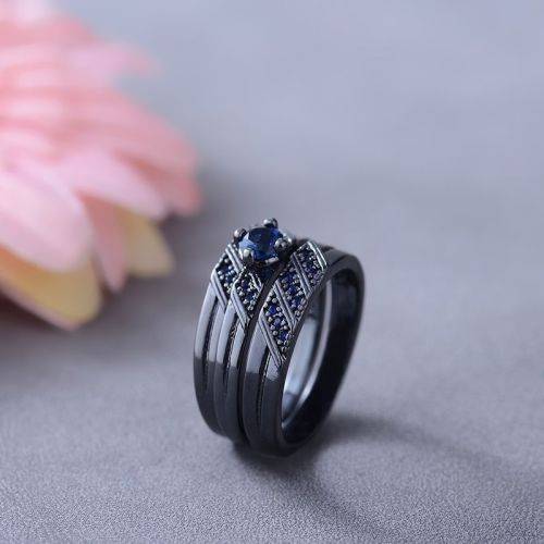 Elegant 3 Piece Black & Dark Blue Stone Ring Size 10