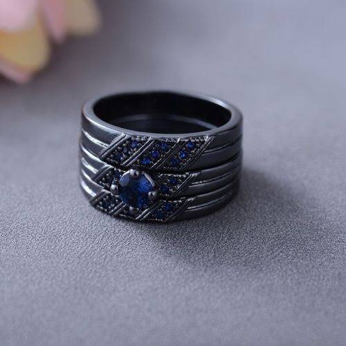 Elegant 3 Piece Black & Dark Blue Stone Ring Size 10