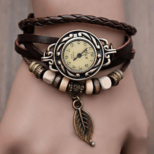 Handmade Leather Bracelet Leaf Decoration Quartz Wrist Watch