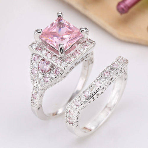 Elegant Silver Pink Sapphire Ring Set