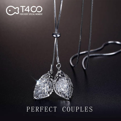 Silver Crystal Leaf Long Sweater Necklace