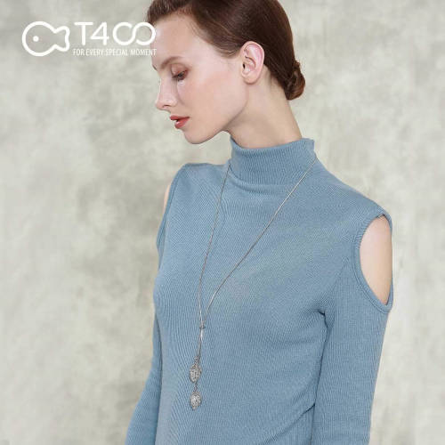 Silver Crystal Leaf Long Sweater Necklace