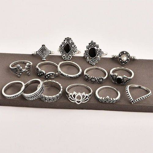 Fun Boho Style Silver Black Ring Set