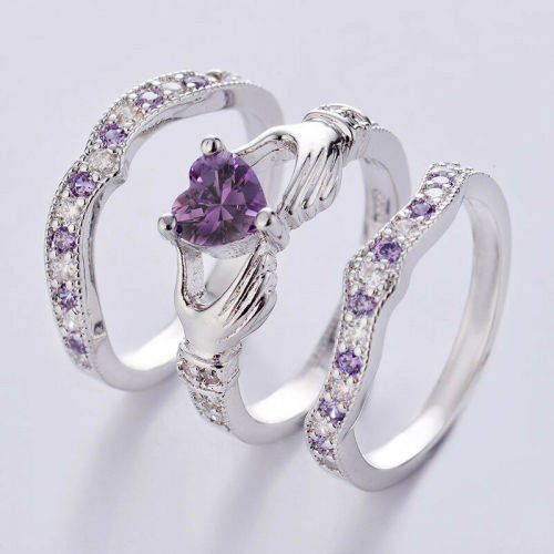 Irish Claddagh Celtic Heart Amethyst CZ Ring