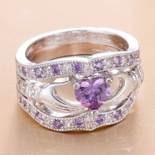 Irish Claddagh Celtic Heart Amethyst CZ Ring