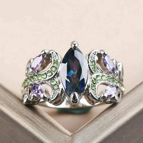 Mystic Topaz Silver Rings Sapphire CZ  Women Rings Sizes 7-8