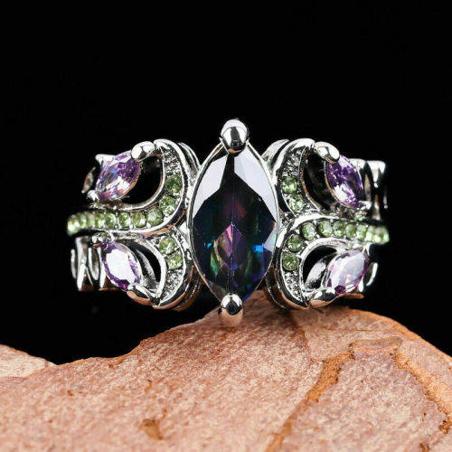 Mystic Topaz Silver Rings Sapphire CZ  Women Rings Sizes 7-8