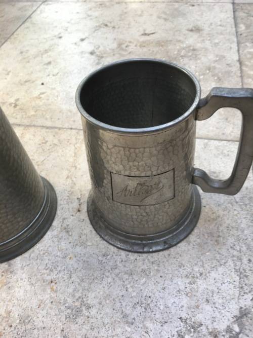 vintage pewter beer mug pair , glass bottom