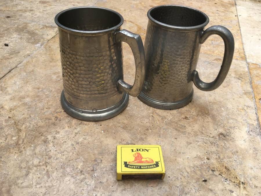 vintage English pewter beer mug tankard pair , hammered fin glass bottom