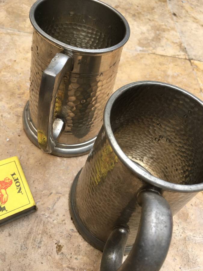 vintage English pewter beer mug tankard pair , hammered fin glass bottom