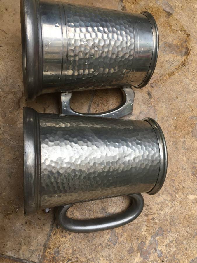 vintage English pewter beer mug tankard pair , hammered fin glass bottom
