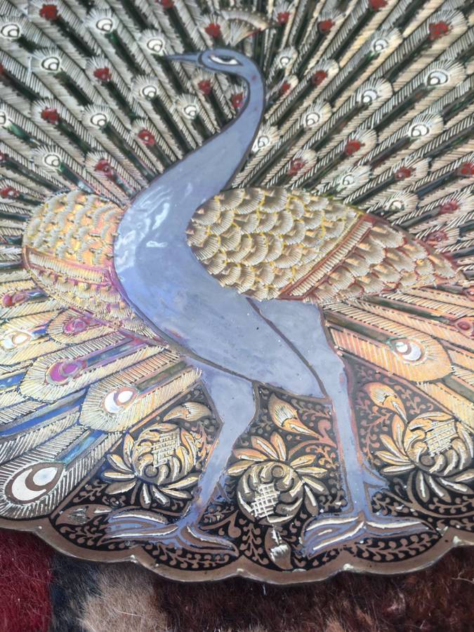 Old Collective Vintage Brass Peacock Enamel Plate Wall Showpiece