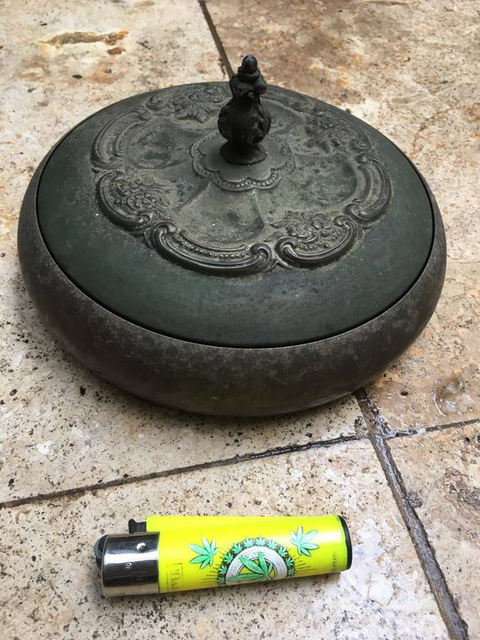 vintage ornate brass bowl with lid and glass inner