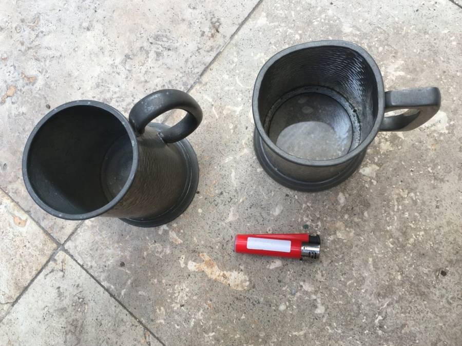 vintage glass bottom pewter tankard , with pewter hard bottom , tankard pair