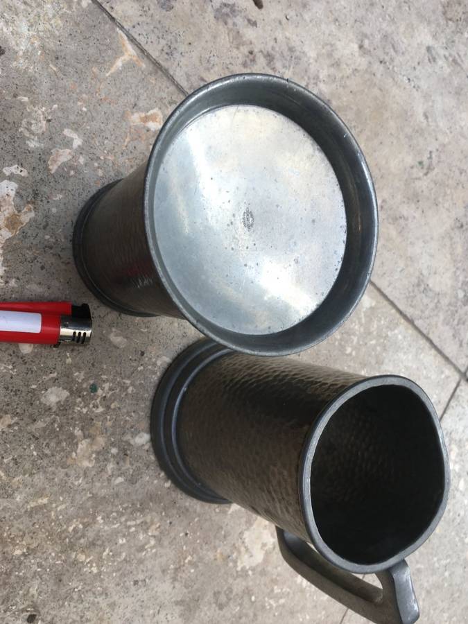 vintage glass bottom pewter tankard , with pewter hard bottom , tankard pair