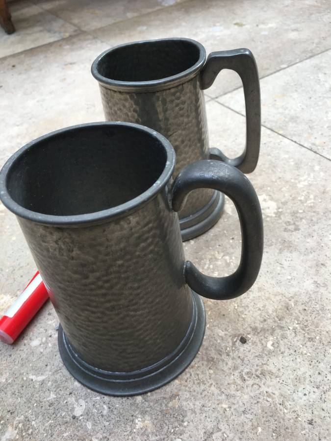 vintage glass bottom pewter tankard , with pewter hard bottom , tankard pair