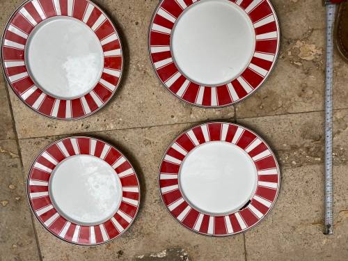 golden rabbit enamelware red stripe plates lot of 4