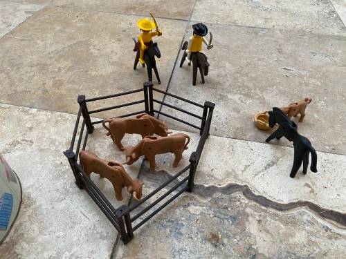 vintage Playmobil farm animals figures with 2 cowboys on horses figure 1974