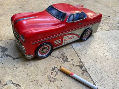 vintage red toffee tin car woolworths toffees storage tin trinket box