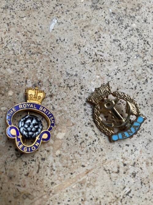 the royal british legion badge and RNA royal navy association badge pair